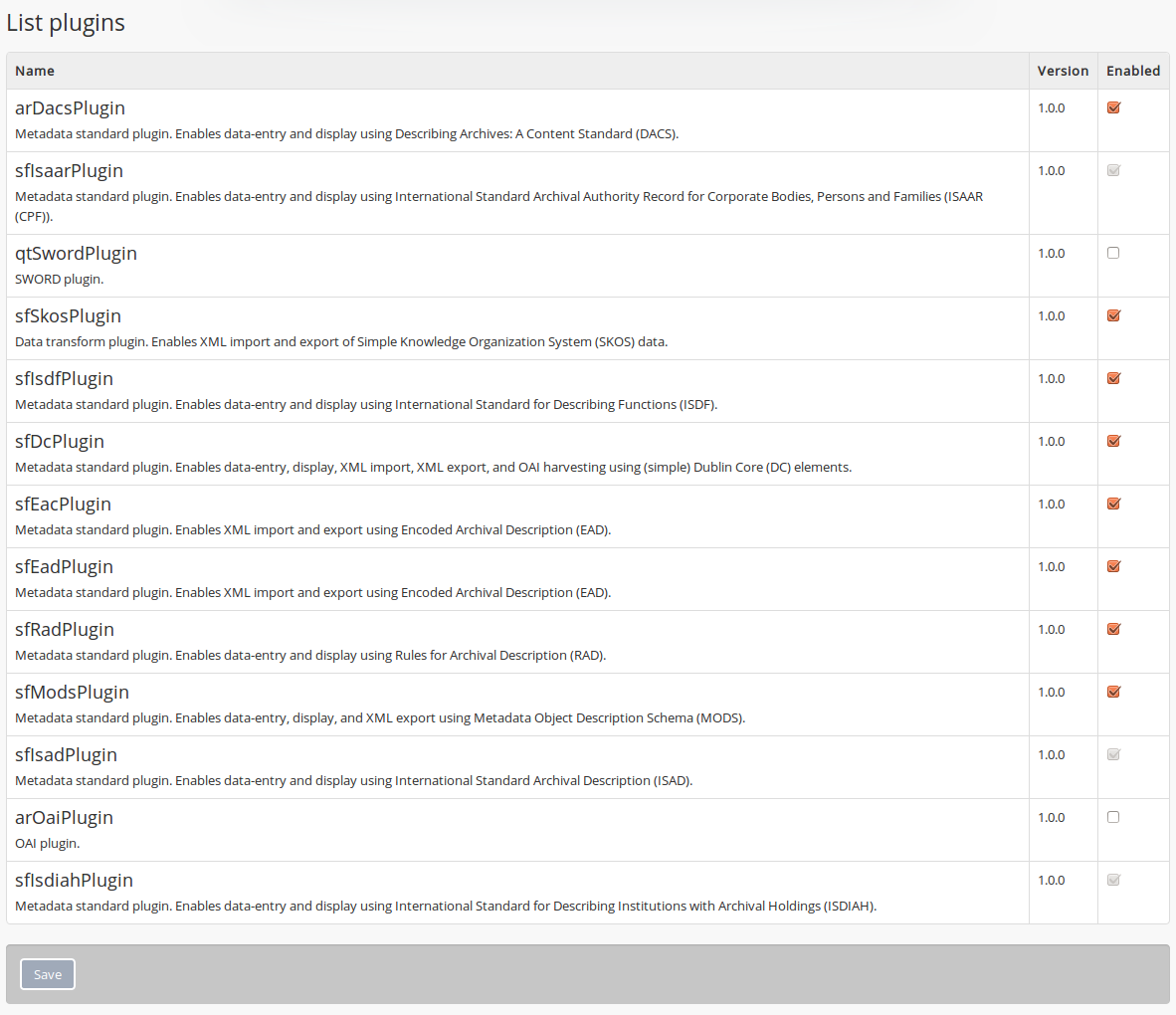 List and enable plugins screen