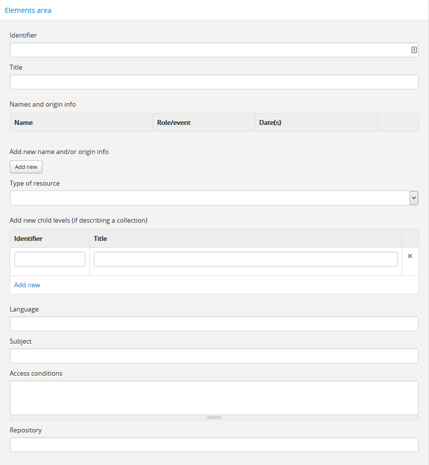 An image of the data entry fields in the MODS template.