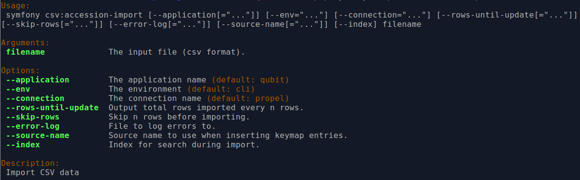 An image of the command-line options for accession record imports