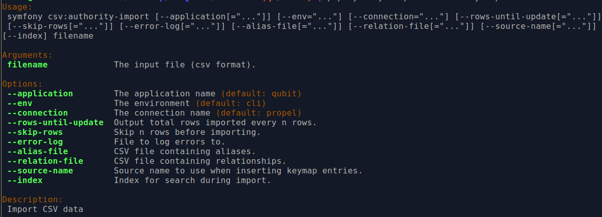 An image of the command-line options for authority record imports