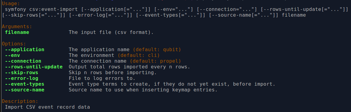 An image of the command-line options for events imports