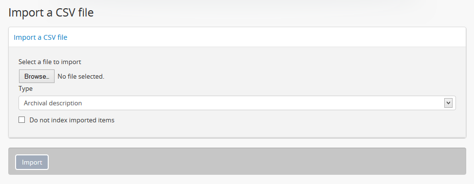 The CSV import page in AtoM