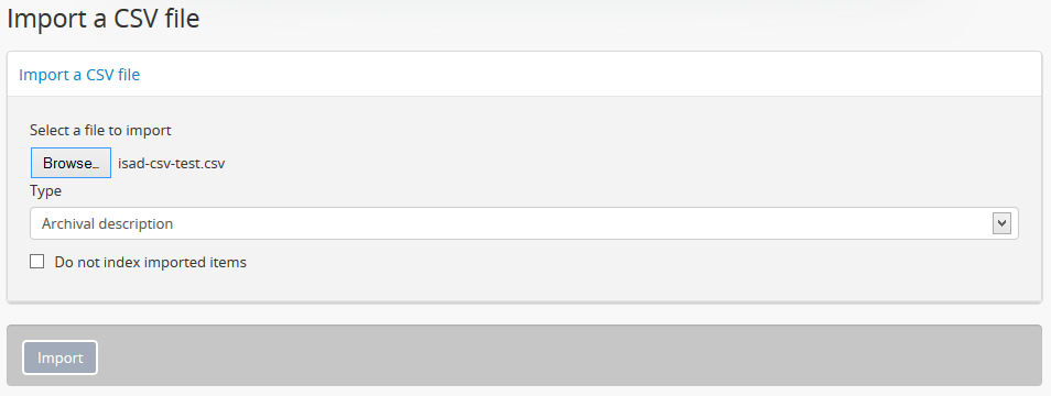 Starting a CSV import in AtoM