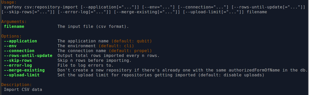 An image of the command-line options for repository imports