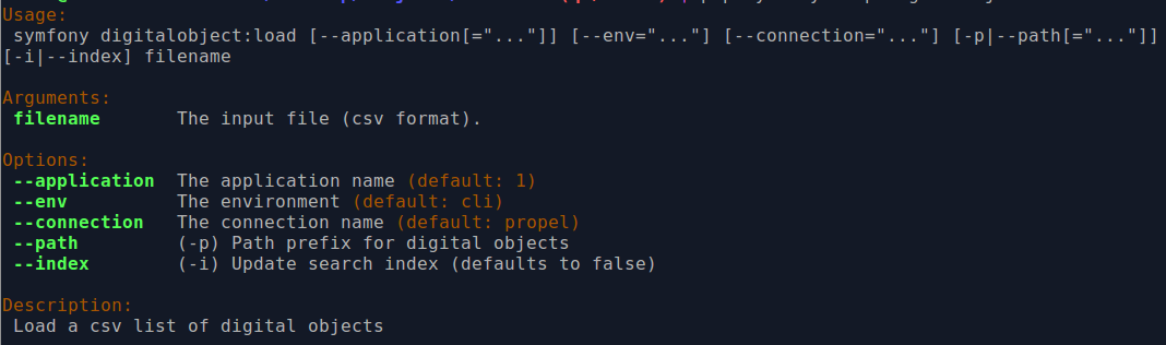 An image of the command-line options for digitalobject:load