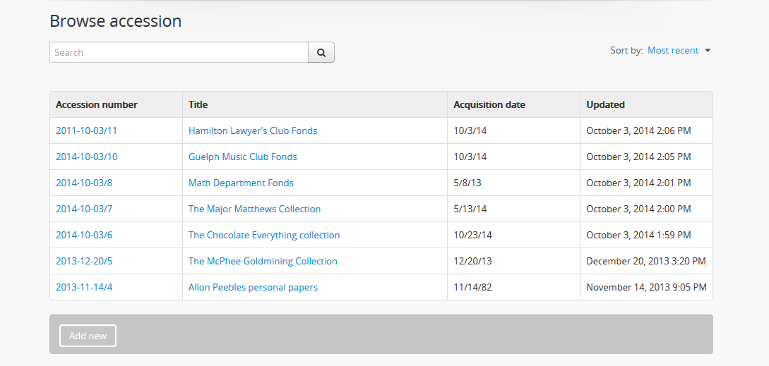 The accession record browse page