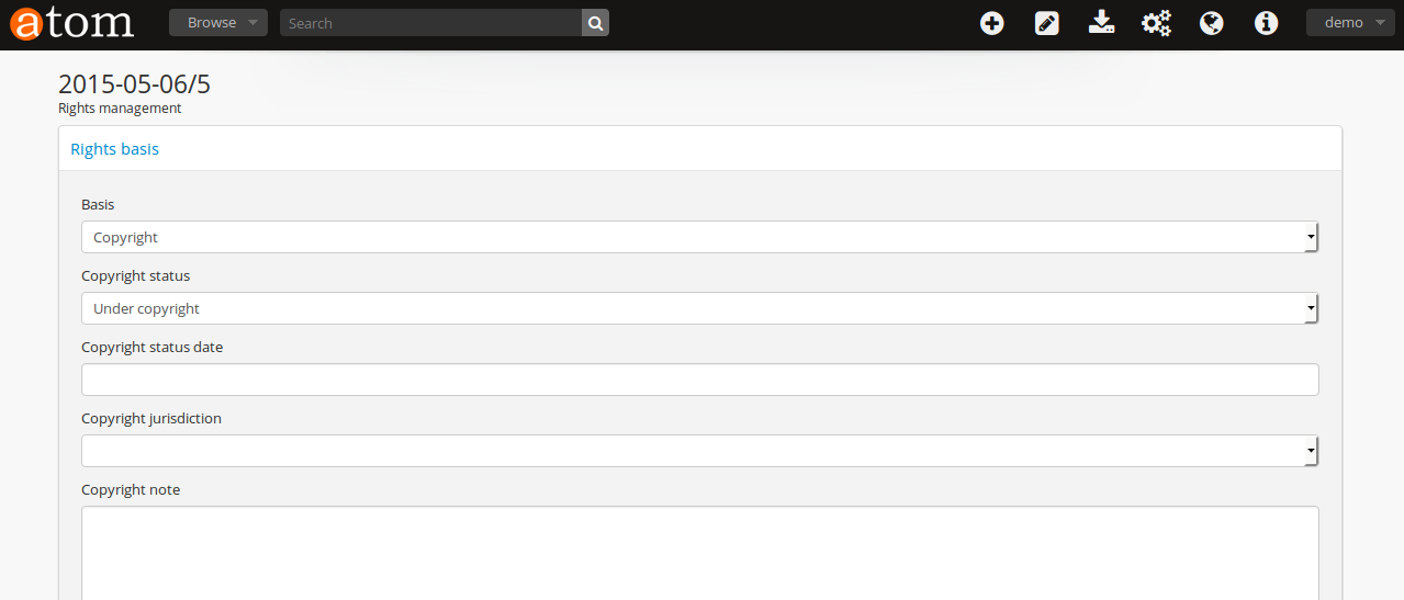 An image of the rights entry page accessed from the accessions edit page