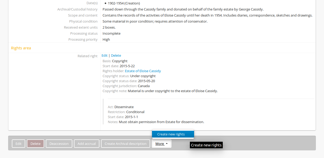 Rights entry form accessed in the button block