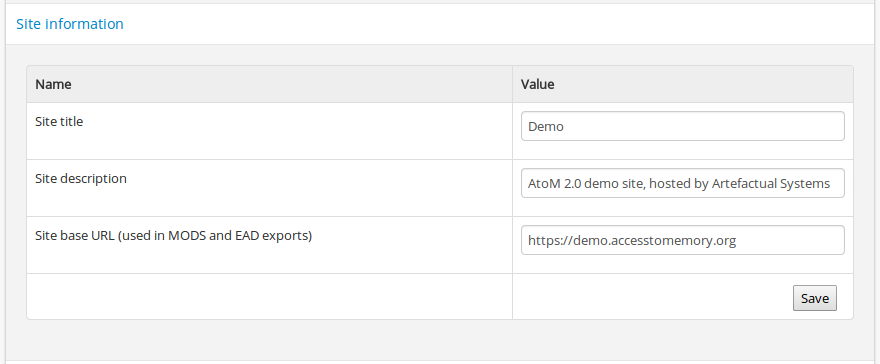 Settings for site information