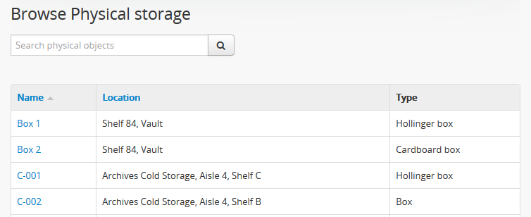 Sortable column headers in the Browse physical storage page