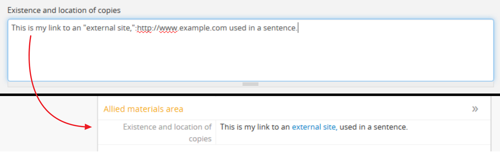 An example of the linking format compared in an edit and view page