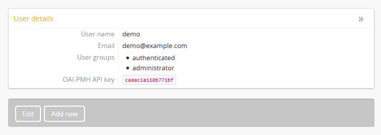 An example of an API key for a user in the profile page