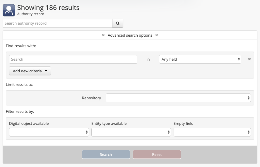 Authority record advanced search options