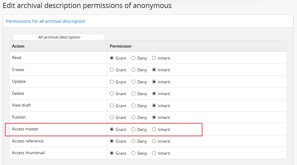 Changing the default permissions for public users to allow access to the master digital object via Admin > Groups
