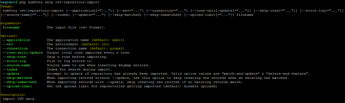 An image of the command-line options for repository imports