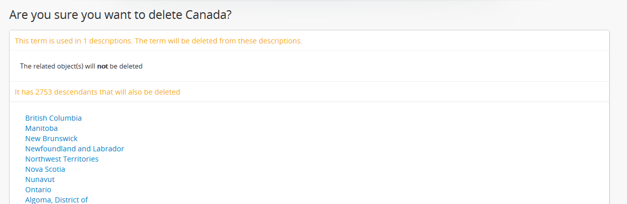 An example of the delete term confirmation page