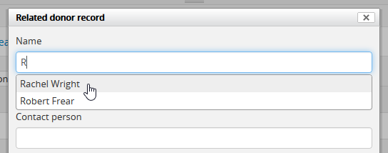 An image of the Donor dialog using autocomplete