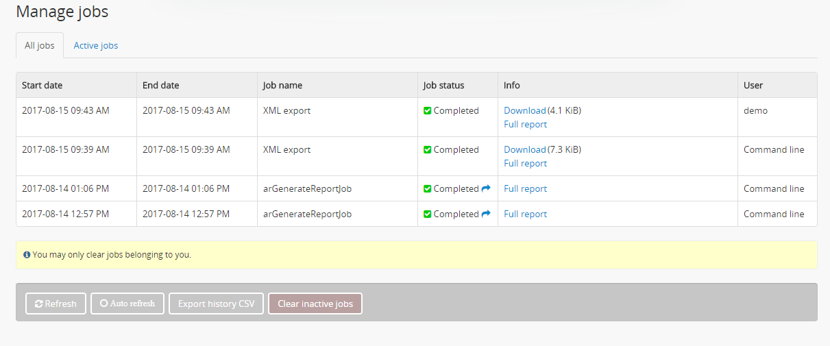 An image of the jobs page after an XML export has been executed