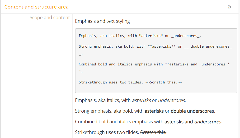 An example of markdown text emphasis formatting rendered in AtoM