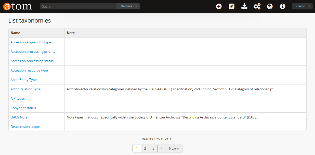 The List taxonomy page in AtoM