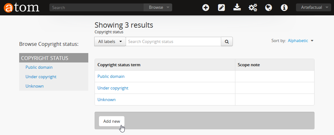An example of a Taxonomy list page - showing the Copyright status taxonomy