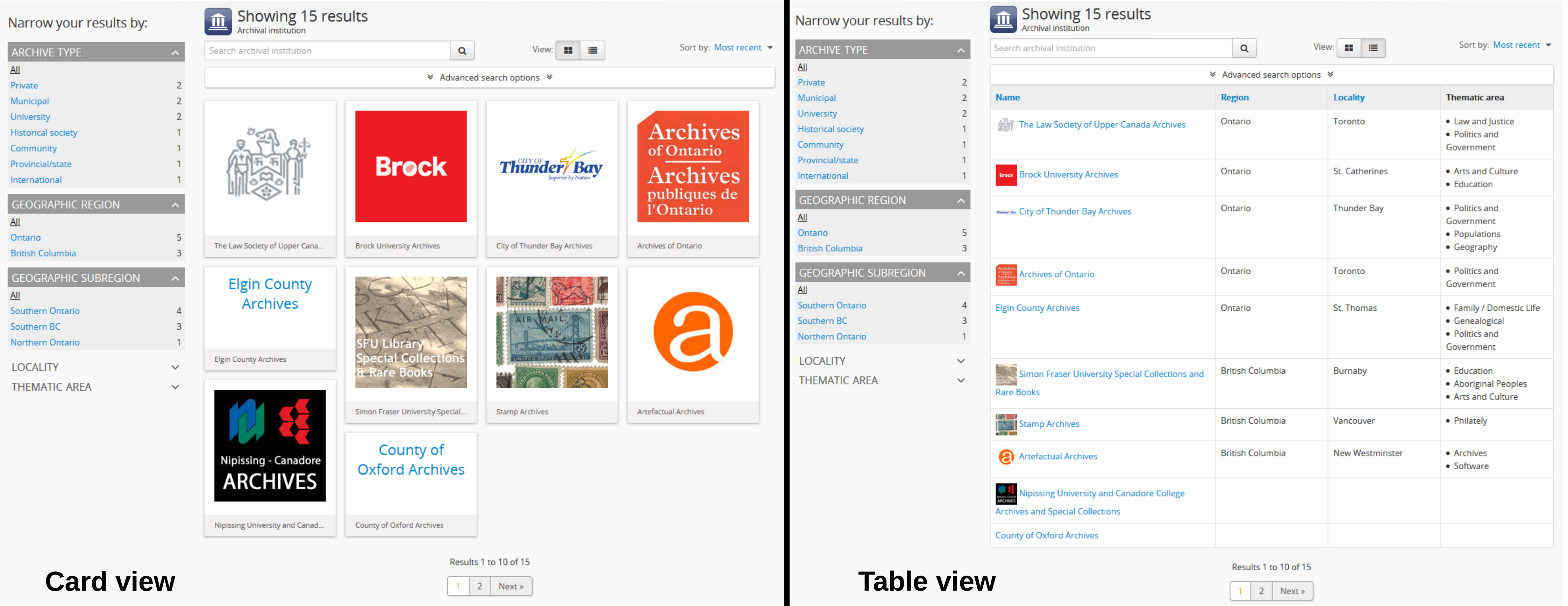 An comparison of the card and table views of the repository browse page