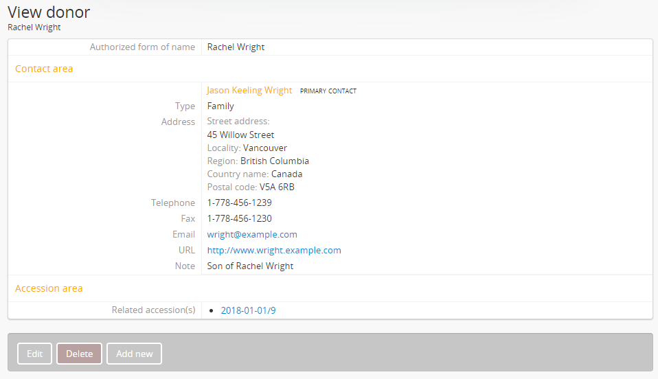 An image of an example Donor record