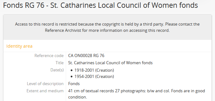 Example of an access statement shown when access to a reference display copy is restricted via PREMIS rights