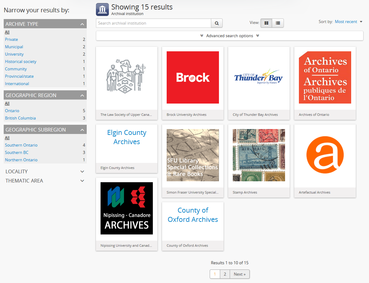 View of browsing archival institutions, card view