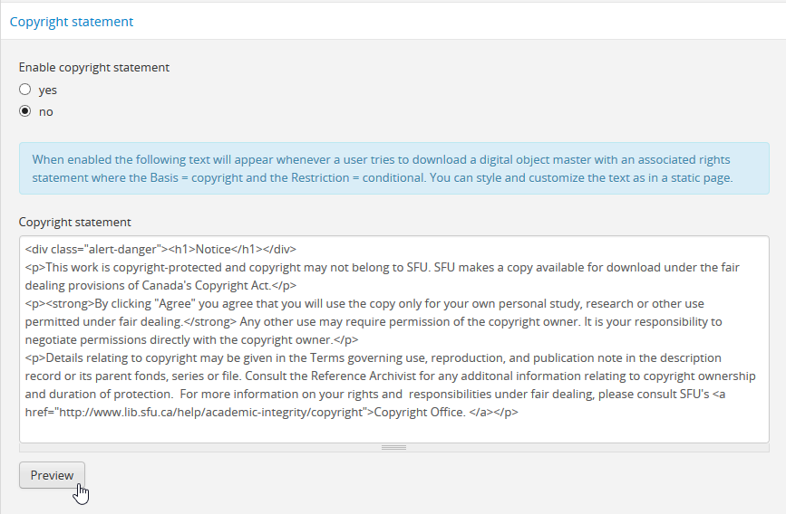 An image of the Copyright statement, with user-added text and HTML