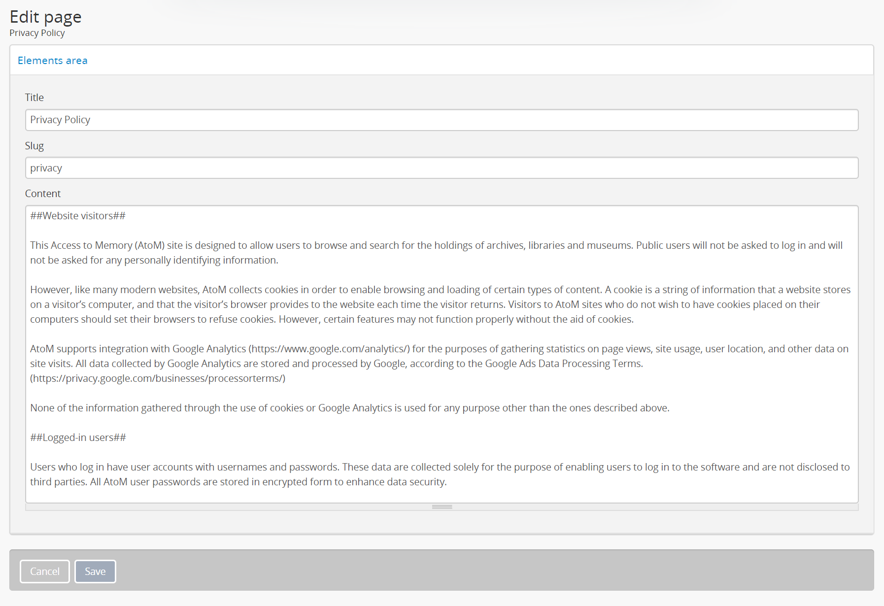 An image of the Privacy policy static page in edit mode