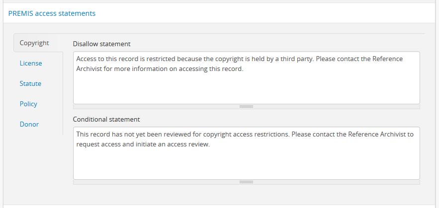 An image of the PREMIS access statements in Settings