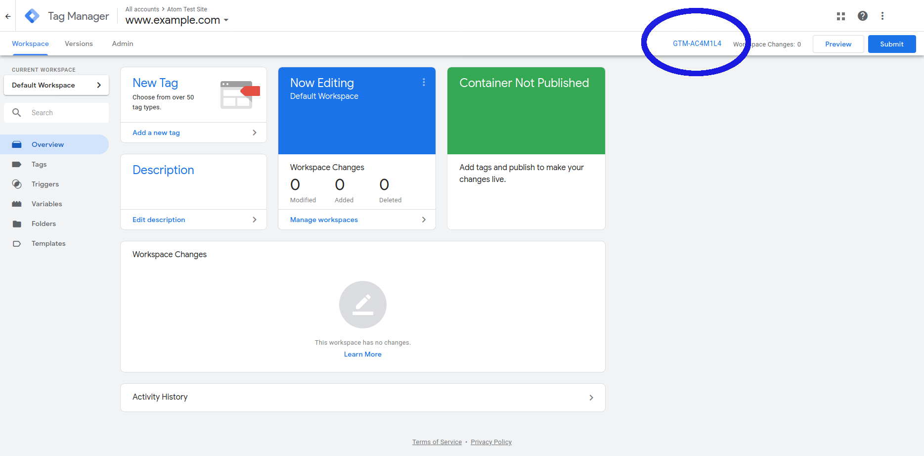 Google Tag Manager dashboard, with the container ID highlighted in the top right corner