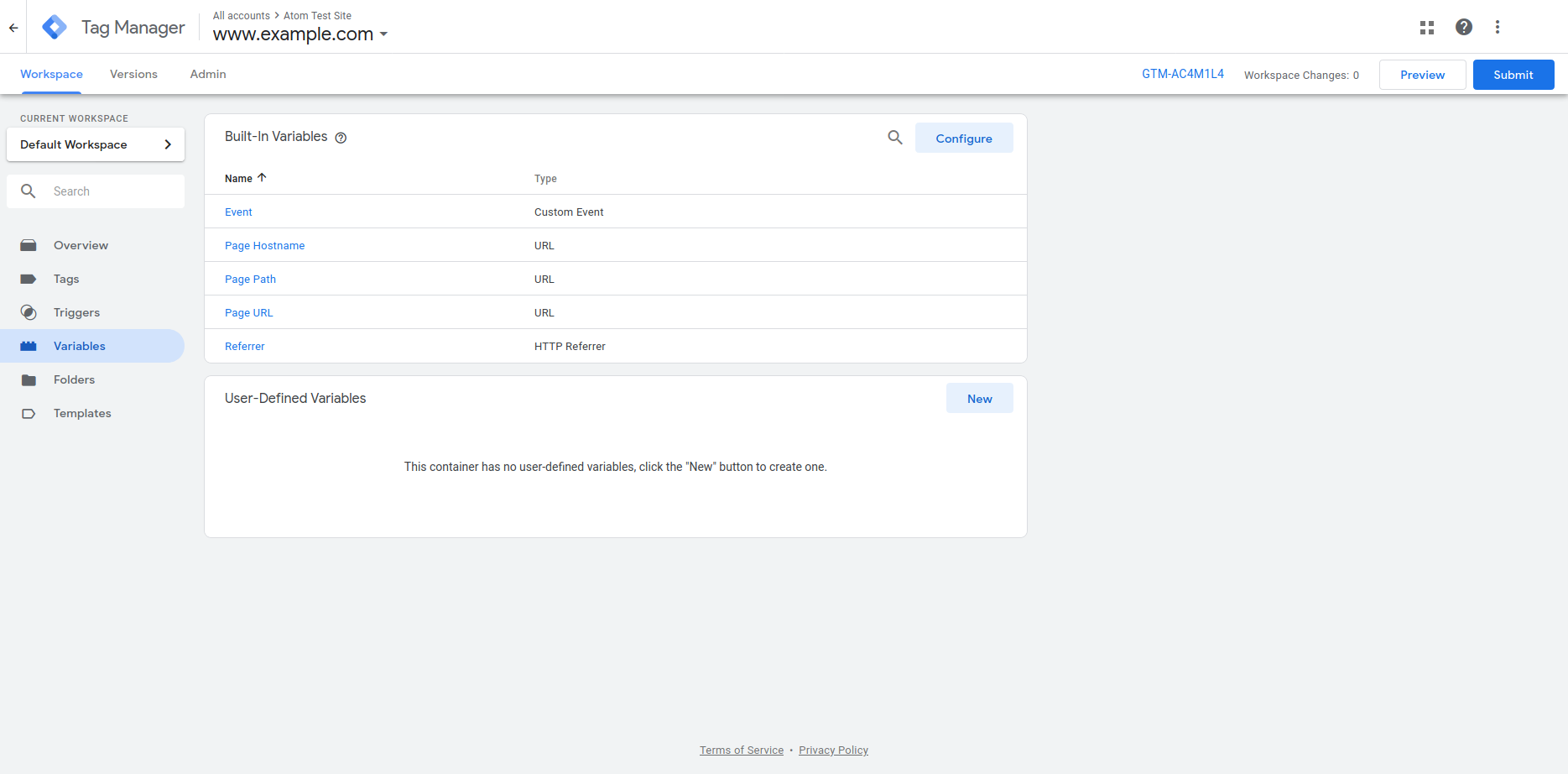 Google Tag Manager Variables configuration page