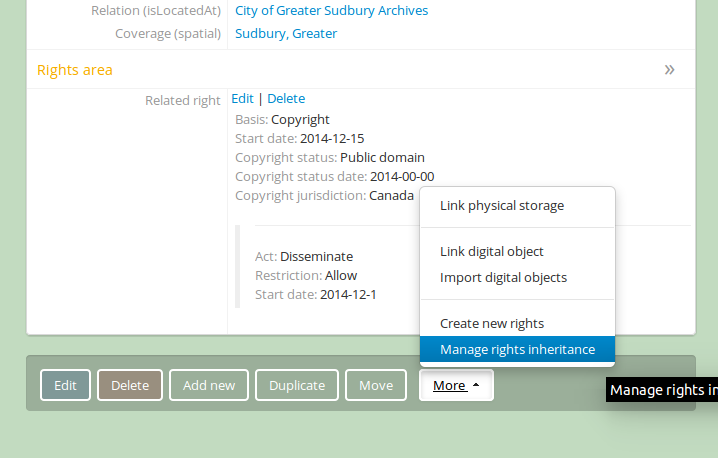Manage rights inheritance, available in the button block in edit mode.