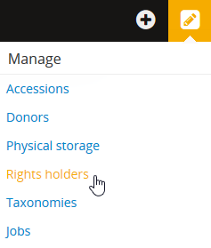 An image of the Manage menu in the AtoM header bar