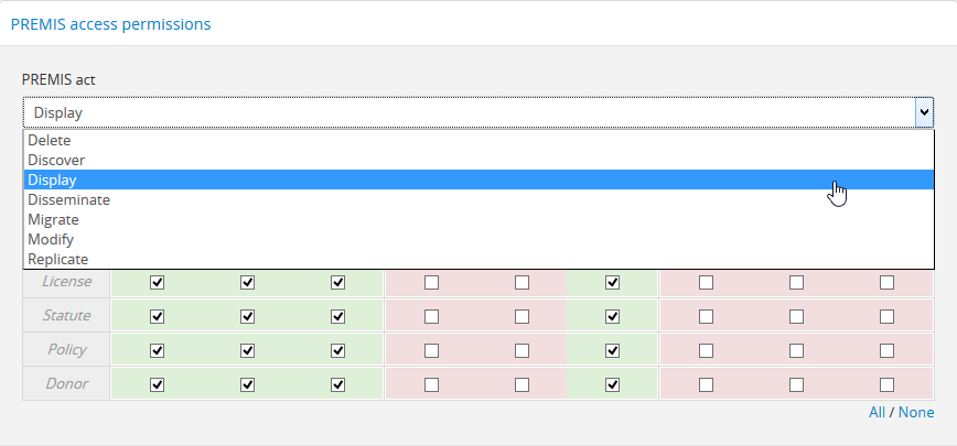 Selecting which PREMIS act will be actionable on digital objects