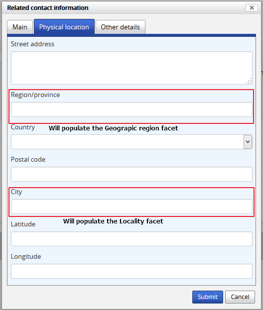 An image of the Contact information fields that will populate facets