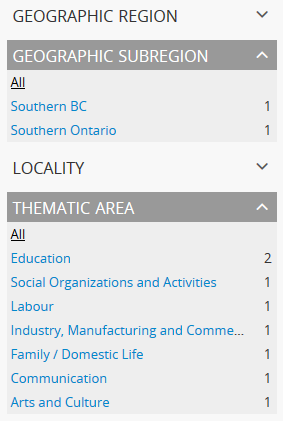 An image of the Geographic subregion and Thematic area facets