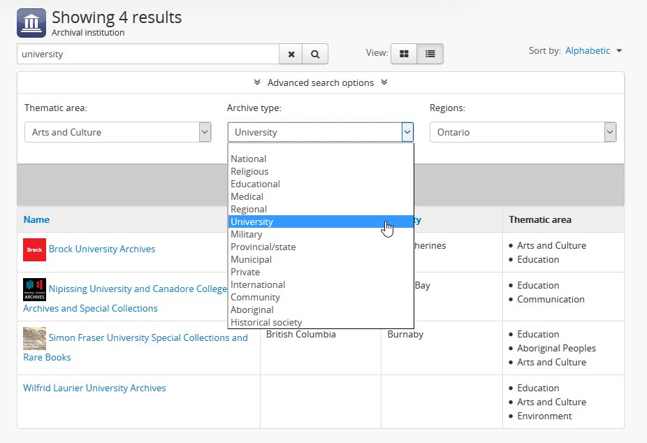 An image of the archival institution search filters