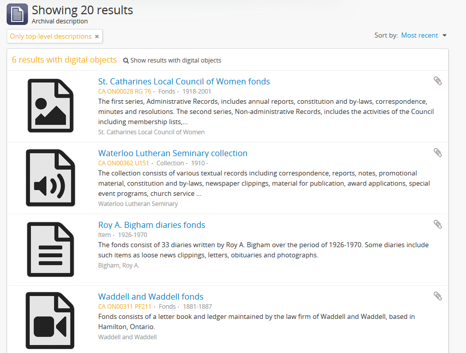 Example of default icons shown in place of thumbnails