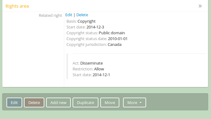 Edit and delete links for rights records.
