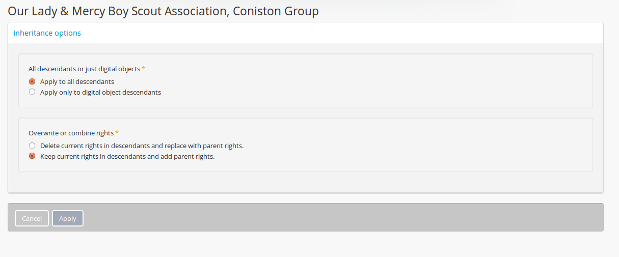 Rights inheritance options in AtoM.