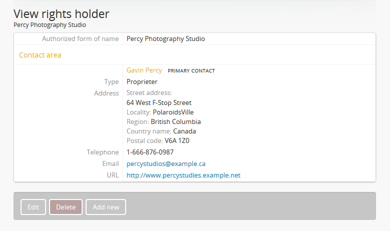 An image of a Rights holder view page