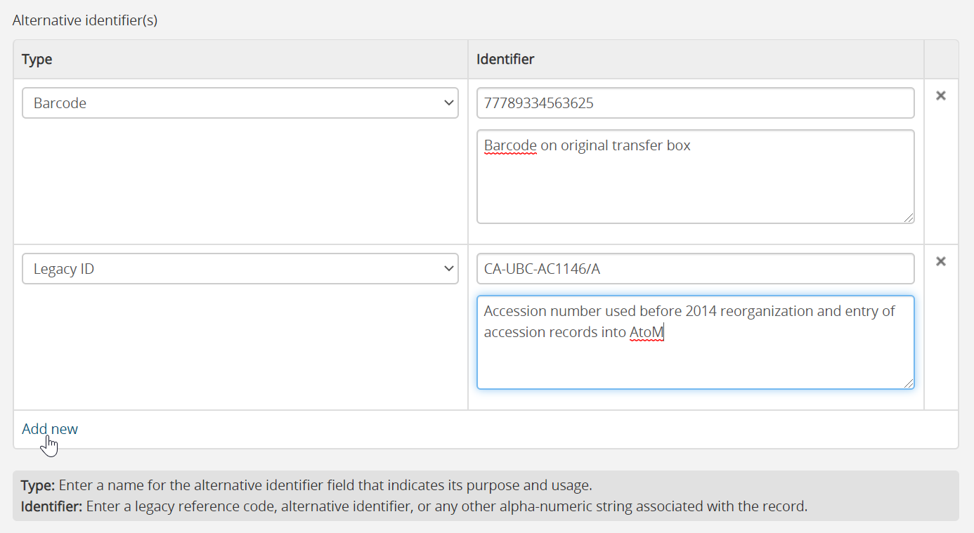 An image of the alternative identifier edit fields