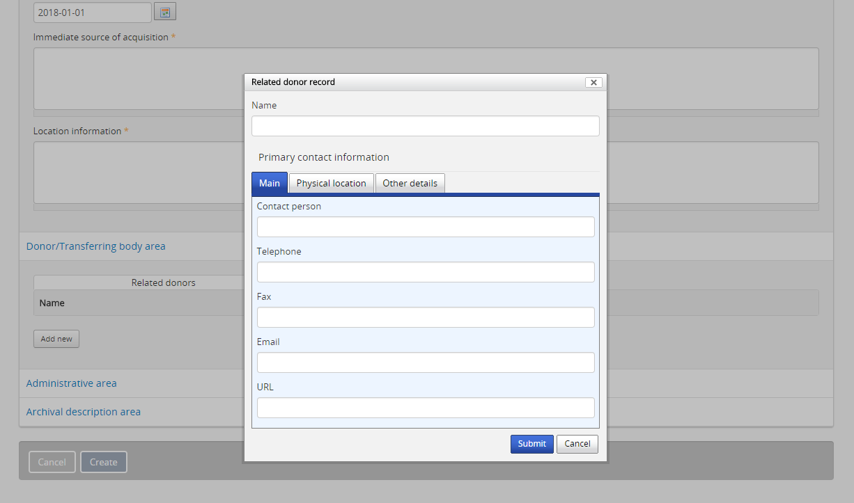 An image of the donor dialog in the accession edit template