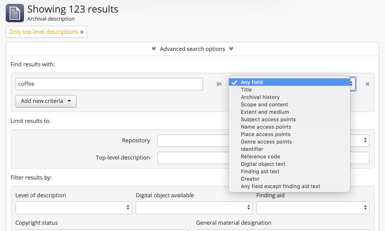 An image of the targeted fields available in the advanced search panel