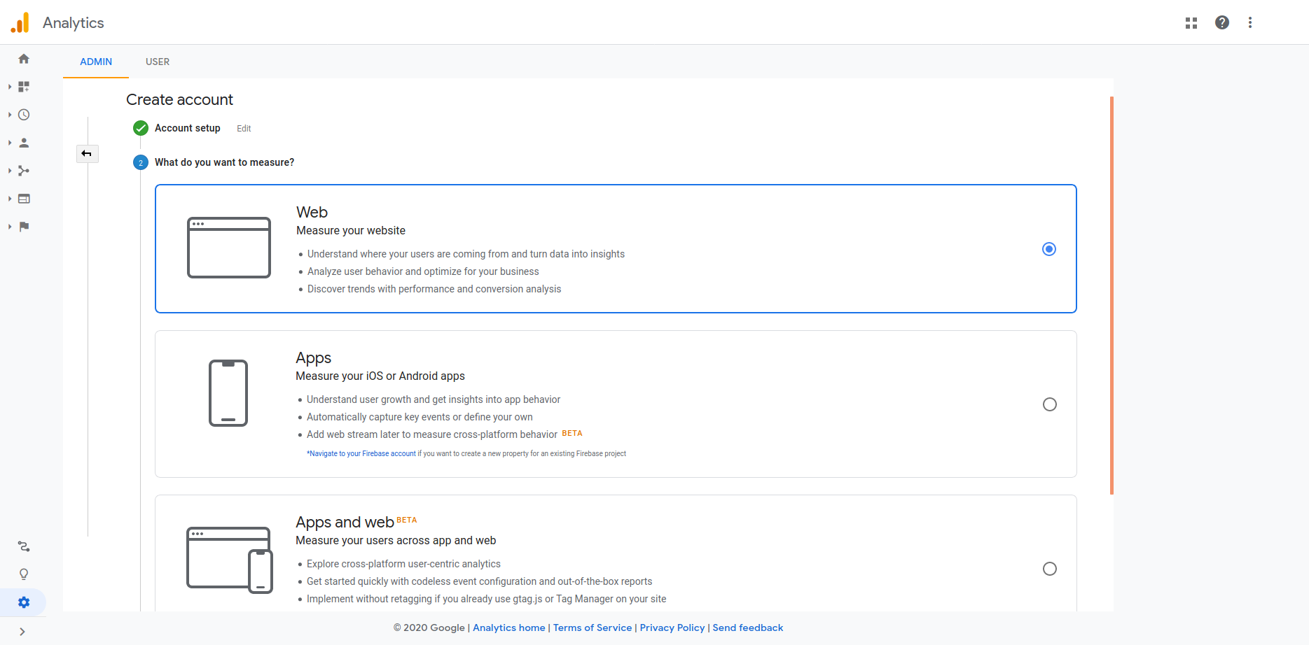Selecting Web while creating a Google Analytics account