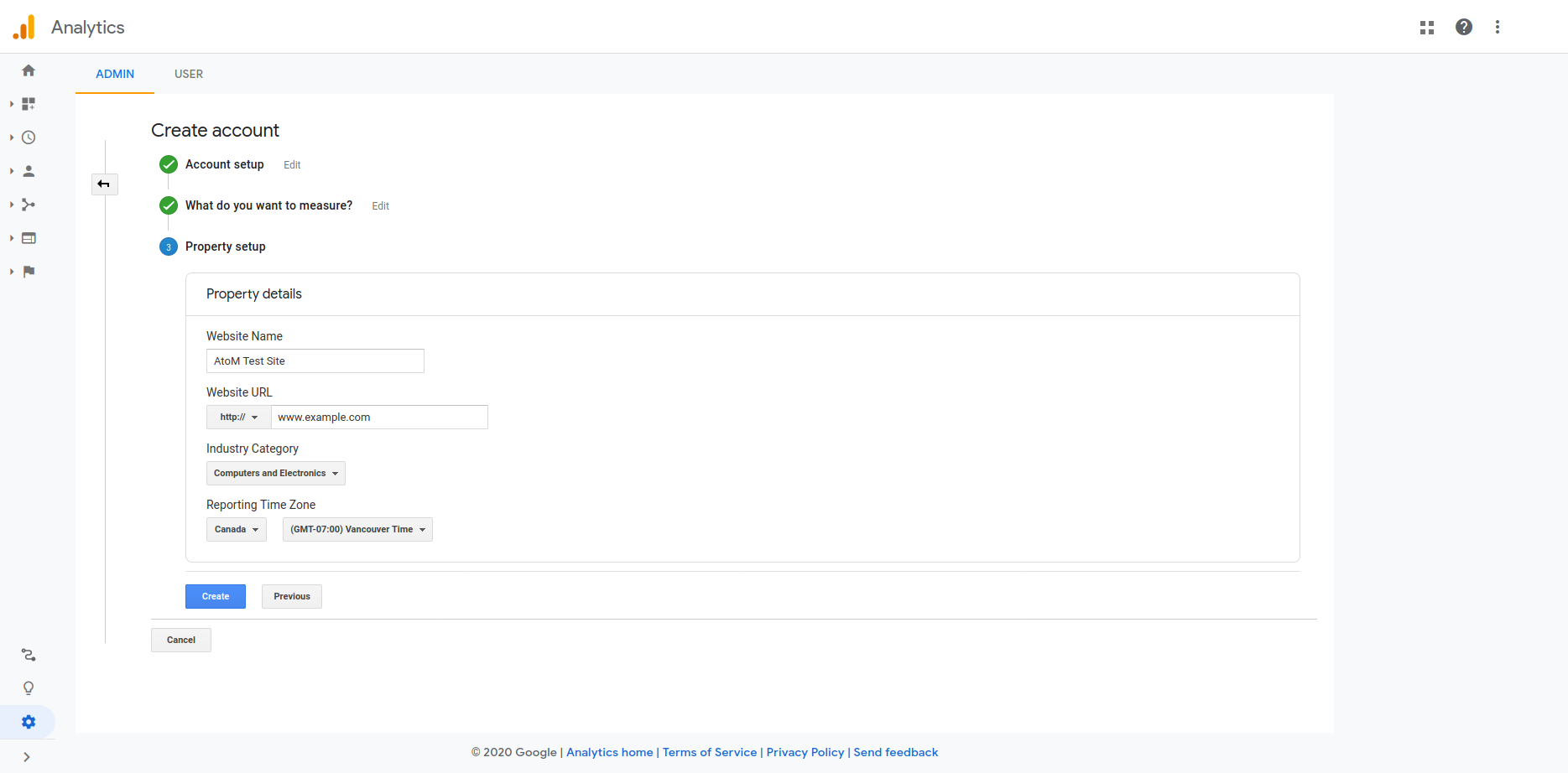 Configuring the Property section while creating an account in Google Analytics