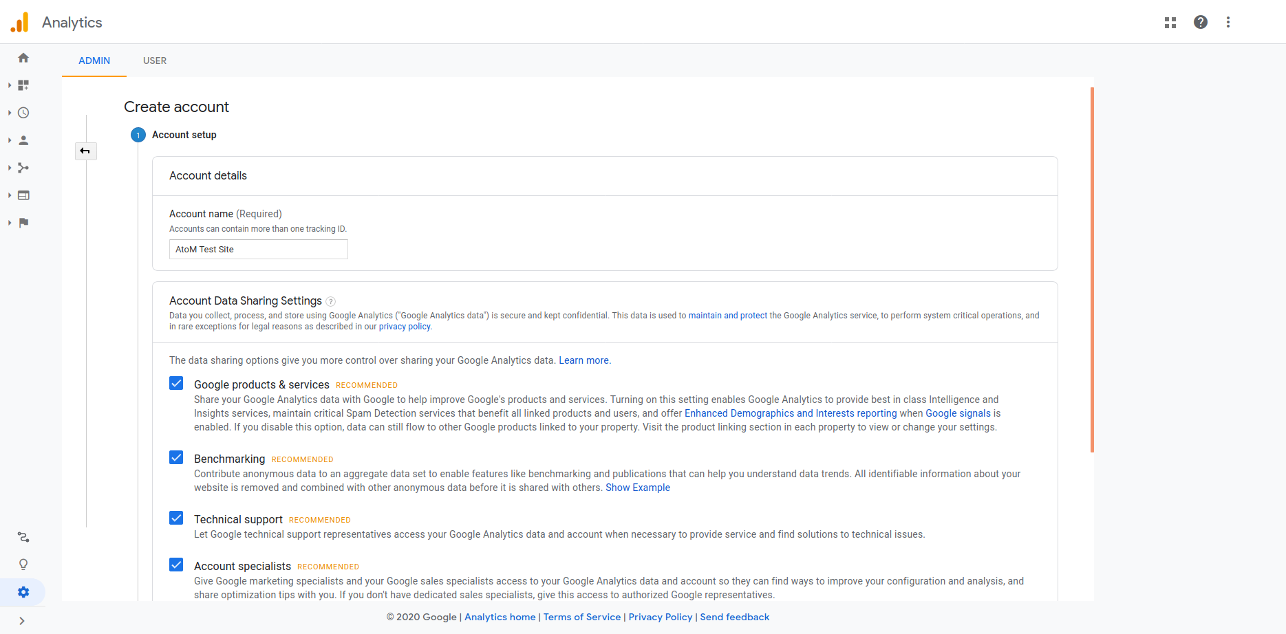 Creating an account in Google Analytics